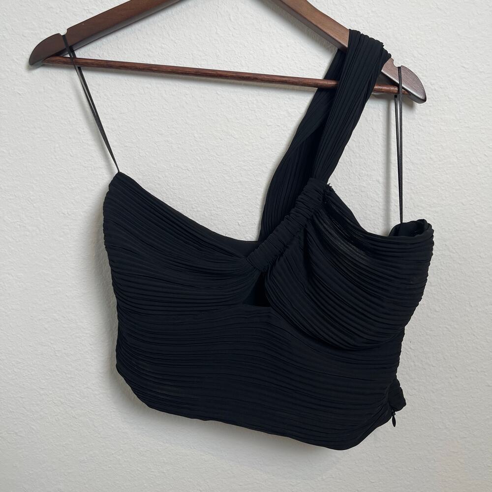 Glam Large Black One Shoulder Ruched Crop Top Side Zipper Party Clubwear